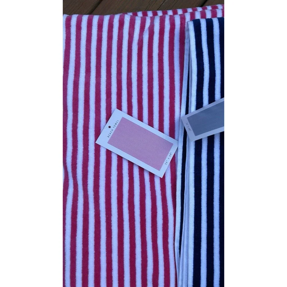 Common Thread Beach Towel Set Navy Blue & Pink White Stripes Soft Cotton New